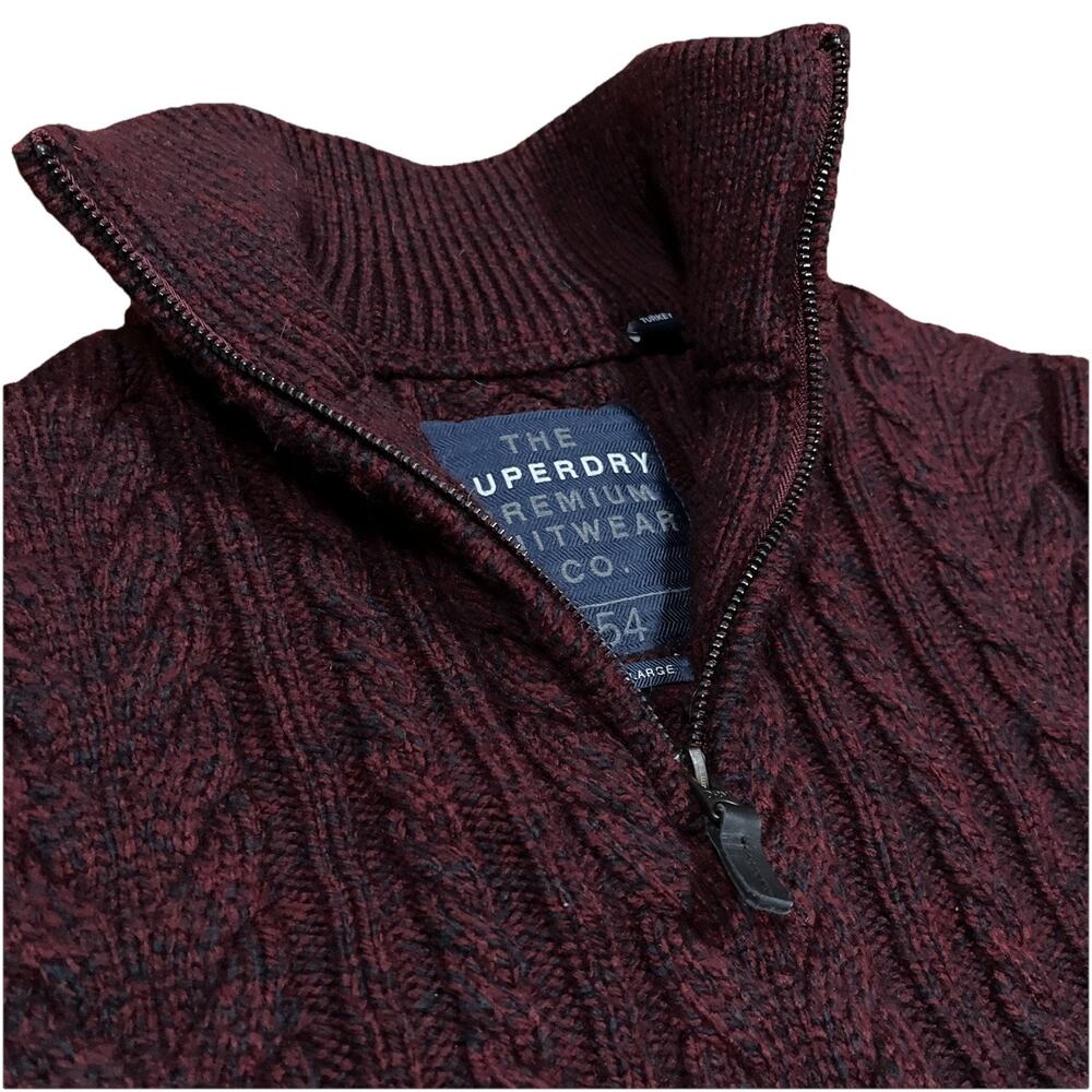 Superdry Premium Knitwear Co. Sweater Large Cable Knit Burgundy & Navy - 1/4 Zip